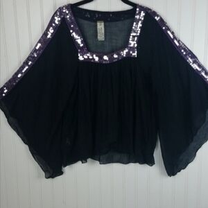 Free People Black Sheer Sequin Peasant Top VTG